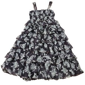 Azoe Blue Gray Floral Sleeveless‎ Layered Tiered Ruffle Midi Dress Sz L Ethereal